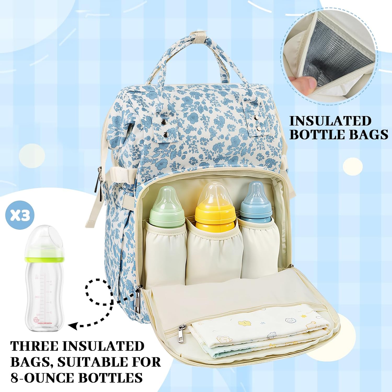 rain bunny Diaper Bag Backpack, Baby Diaper Backpack for Mom, Large Capacity Travel Nappy Bag for Boys Girls with Stroller Straps (Blue)