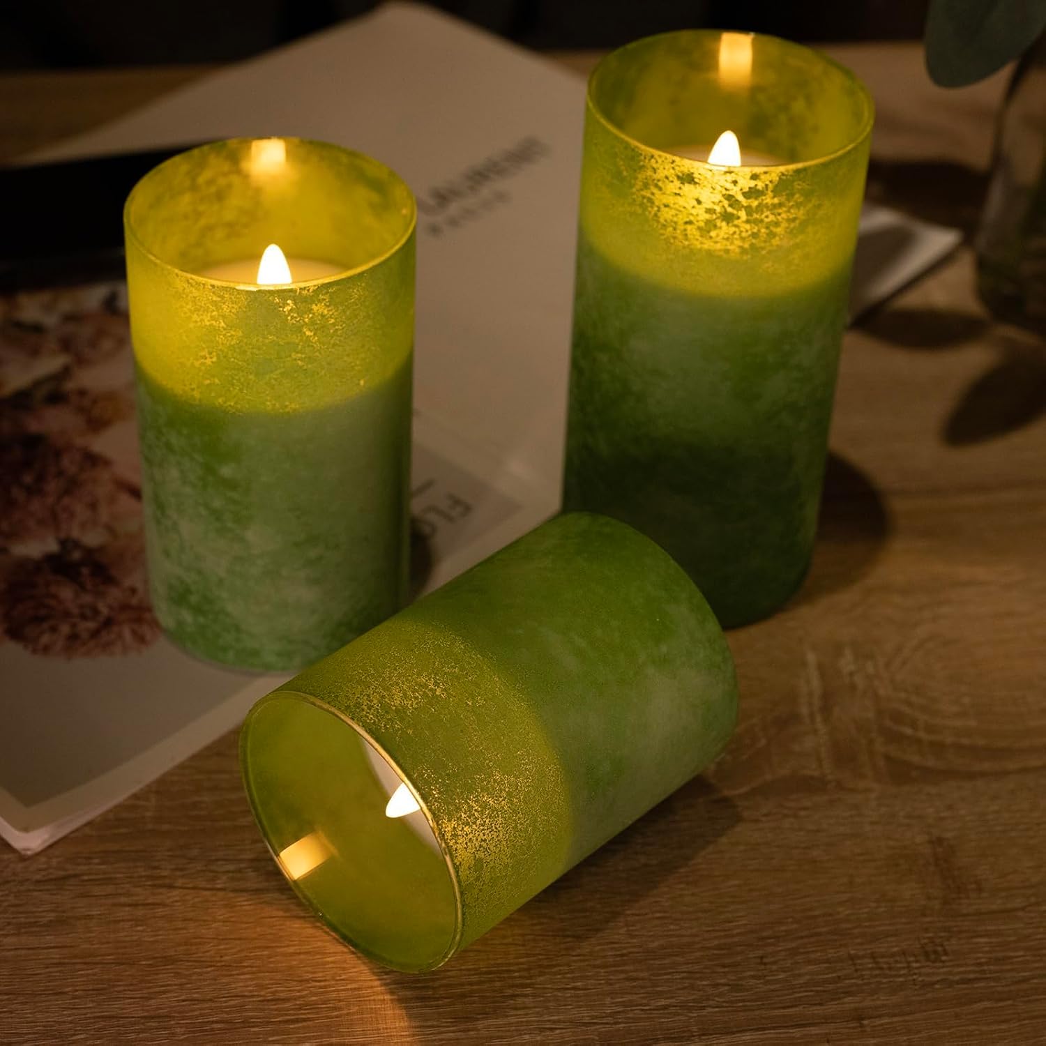 Green Flameless Candles with Remote, Real Wax Battery Operated Candles with Timer, Set of 3 Electric LED Pillar Fake for Party Halloween Christmas Home Living Room Decor