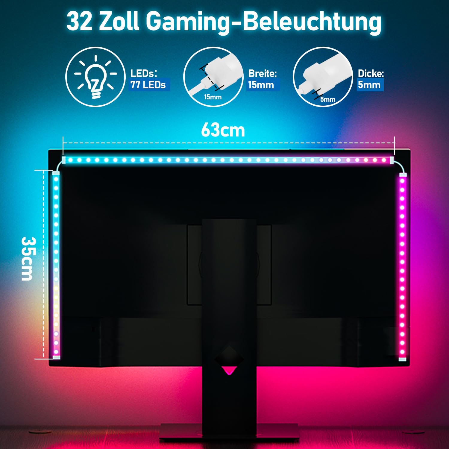Neon LED Strip RGBIC PC Monitor Hintergrundbeleuchtung,USB LED Streifen für 32 Zoll PC,Led Strip mit SKYDIMO App-Steuerung,Sync für Musik,Filme,Spiele,2 Stück[Energieklasse F]