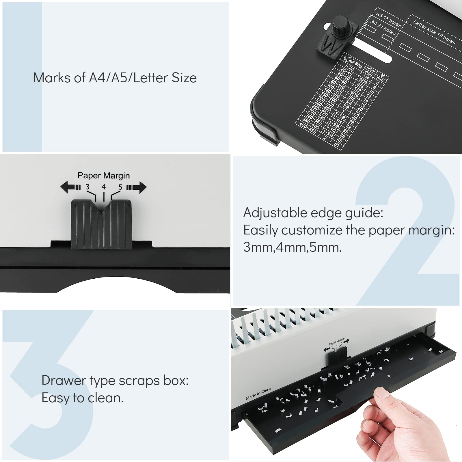 Rilegatrice a pettine | Macchina per rilegatura di libri 21 fori 450 fogli, macchina per rilegatura a pettine con kit di base 100 pezzi 3/8 ", per formato lettera / A4 / A5 Guida bordo regolabile