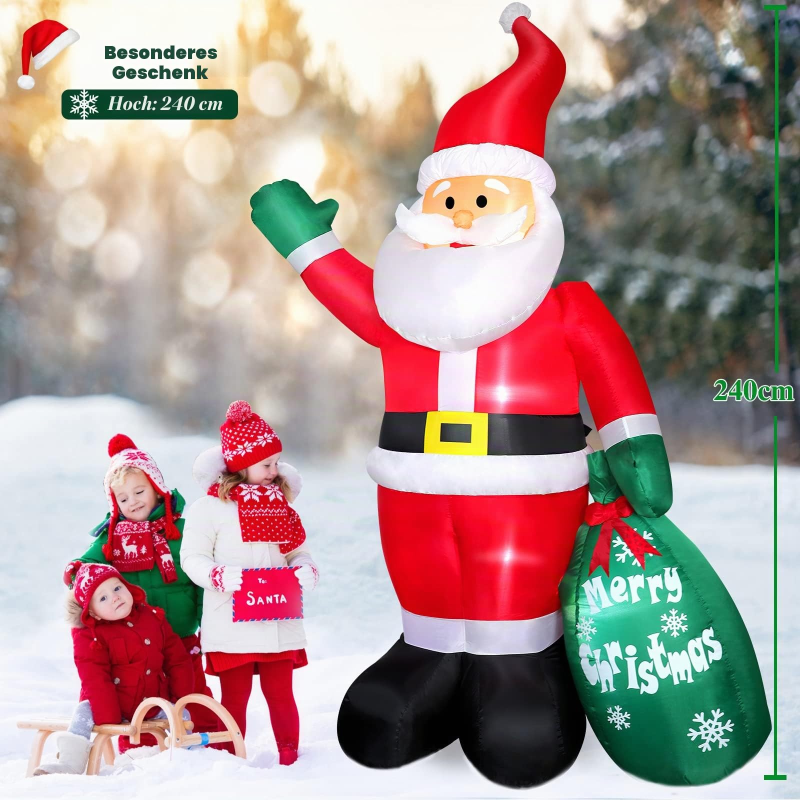 Aufblasbarer Weihnachtsmann 240CM mit LED Beleuchtung, Weihnachtsdeko Christmas Santa mit Grünetüte, IP44 Wetterfest Riesen Figur Nikolaus Santa, Innen Draußen Beleuchtung Deko für Garten Rasen Hof