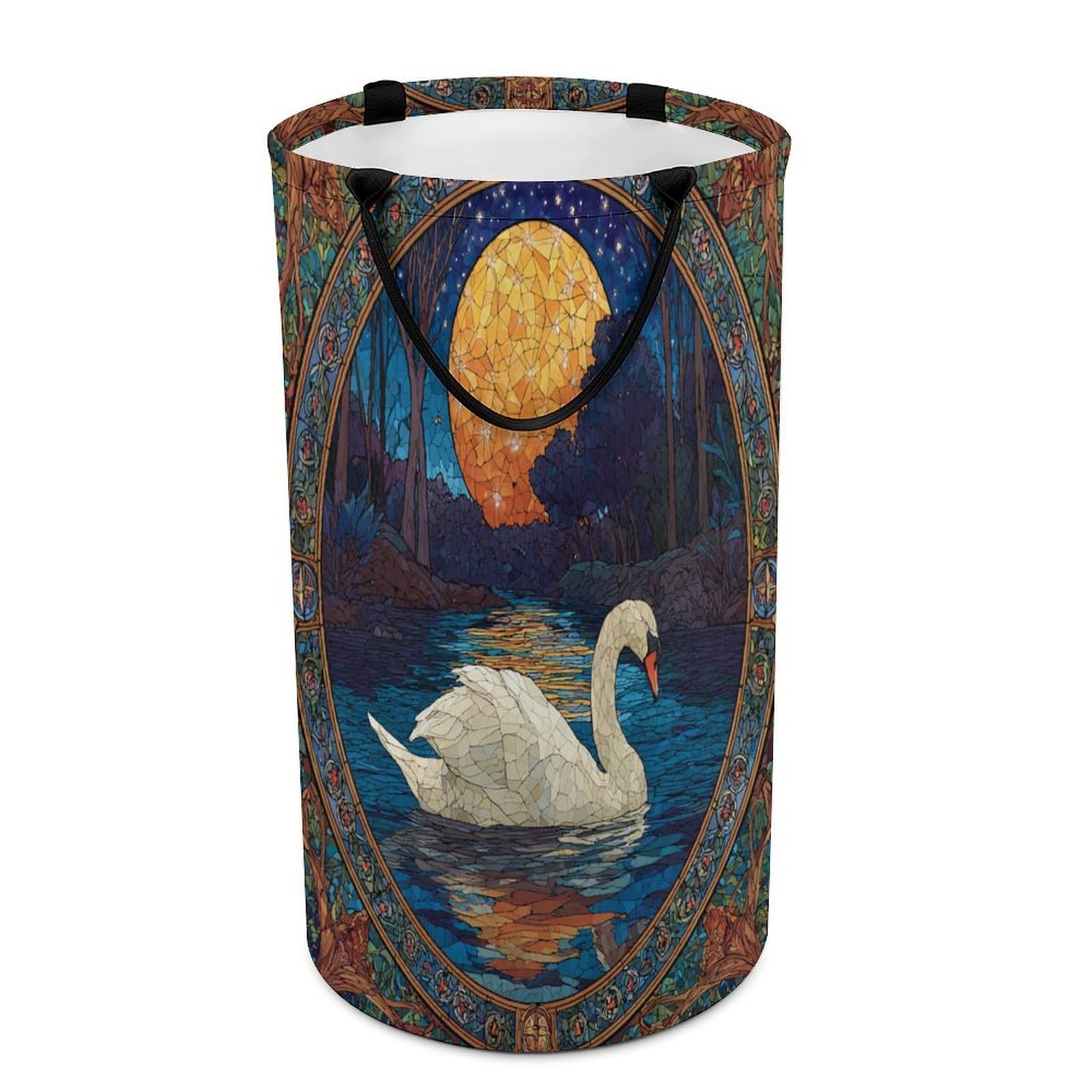 LUYYSKY Vintage Realistic Elegant Swans Collapsible Dirty Clothes Basket, Classic Fantasy Full Moon Animals Swans Lake Pattern Portable Clothes Storage Basket