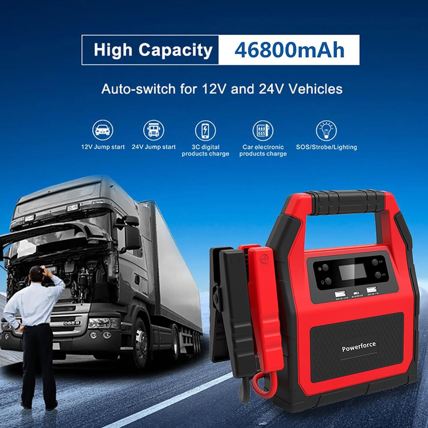 Arrancador portátil de 42000 mAh y 1500 A de pico y banco de energía — 24 V conmutable para coche y camión de uso intensivo para arranque de emergencia (arranque instantáneo para automóviles, camiones