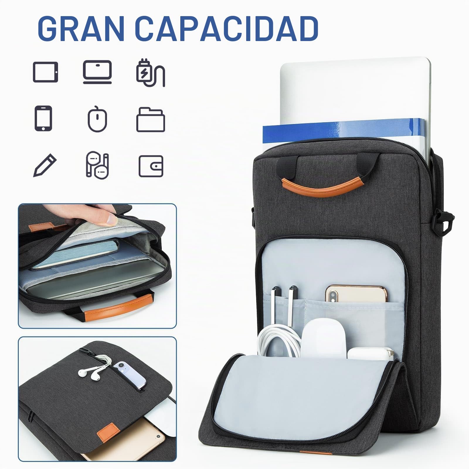 Funda Portatil 14 Pulgadas Bolsa Ordenador con Bandolera para 14” MacBook Pro M4/M3/M2/M1 2024-2021 Chromebook Notebook, Protector PC de Poliéster Impermeable con Bolsillo, Gris Oscuro