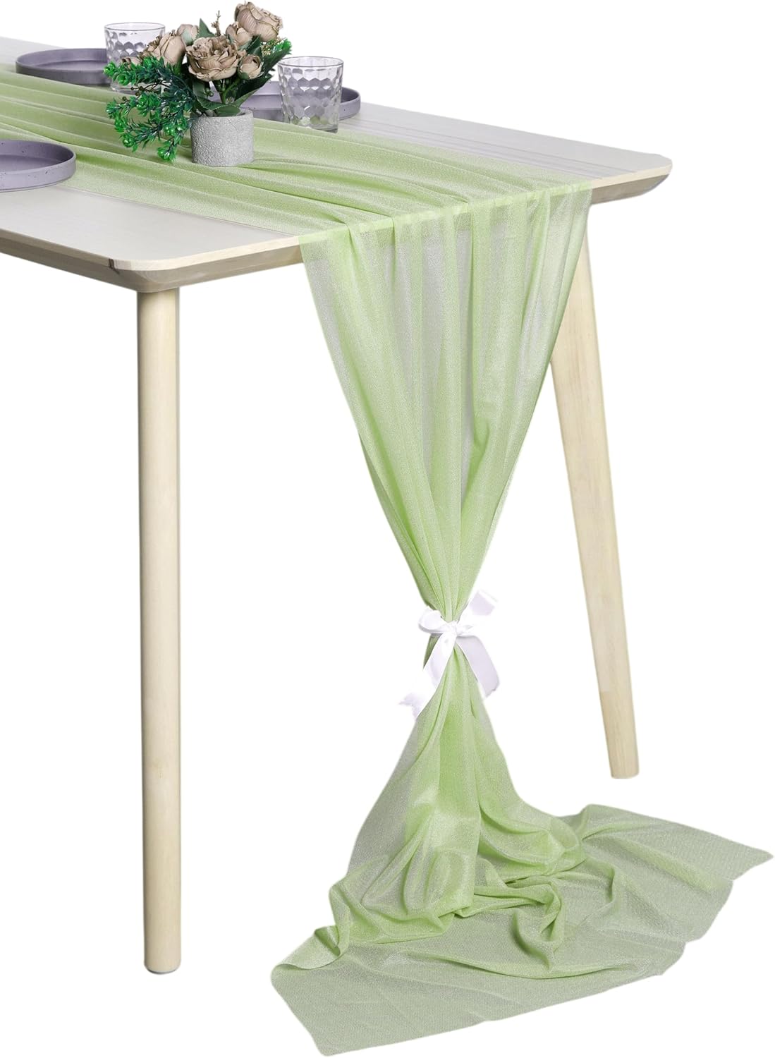 MDS 12 Pack 14ft Chiffon Table Runner 29 x170 Inches Sheer Wedding Runner Romantic Rustic Table Runner for Wedding Decorations, Birthday Parties, Bridal Shower Party Arch Decor - Sage Green