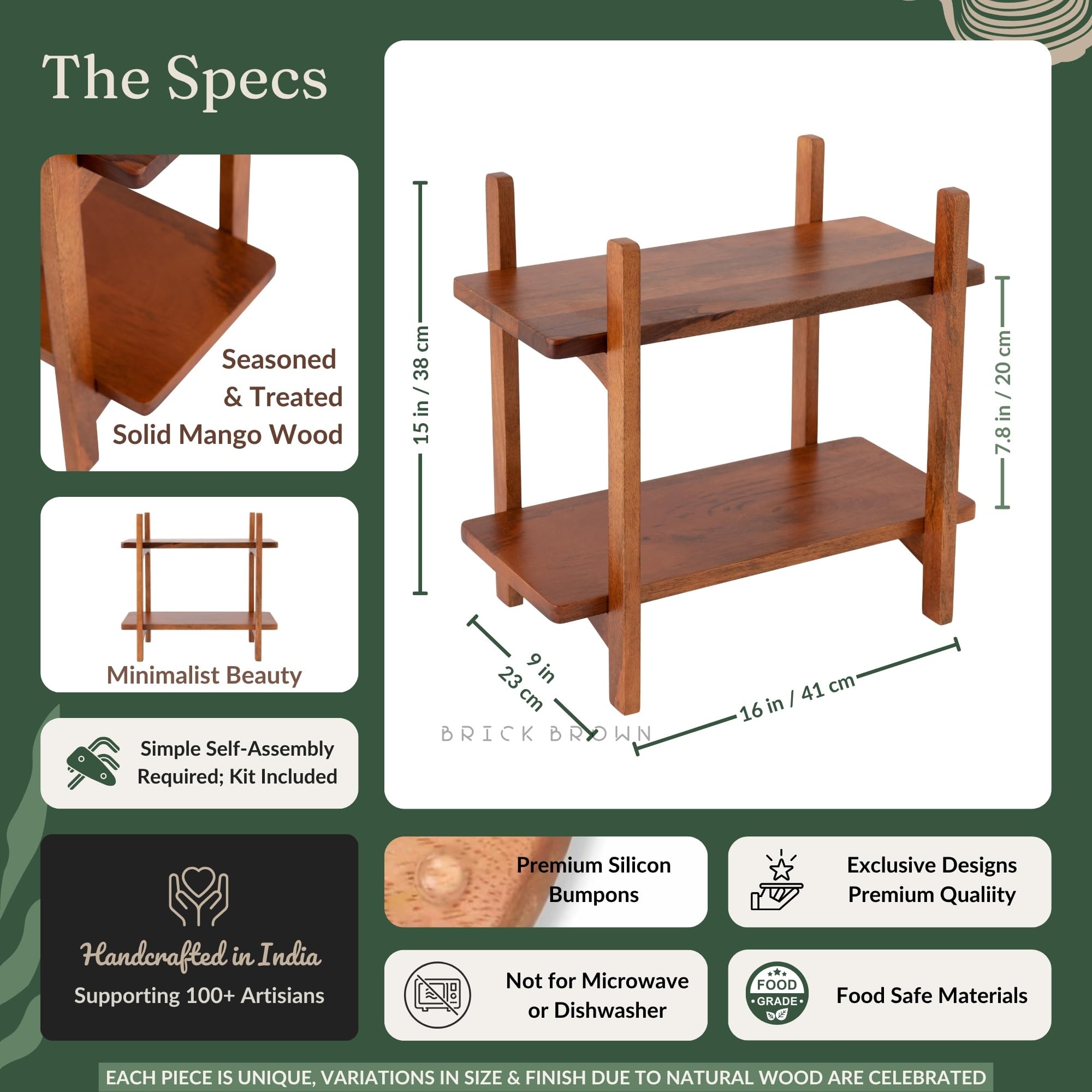 Brick Brown ® Premium Zen Organizer | Gewürzregal aus Holz | 2-stöckige Küchenarbeitsplatte | Schrank-Aufbewahrungsregal | Etagenregal | Lebensmittelregal Küchenaufbewahrungsregal/Gewürzregal (41 x 23