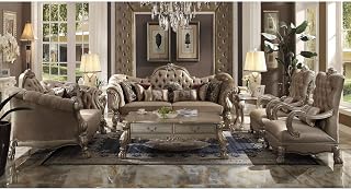 Acme Dresden Sofa w/7 Pillows, Bone Velvet & Gold Patina