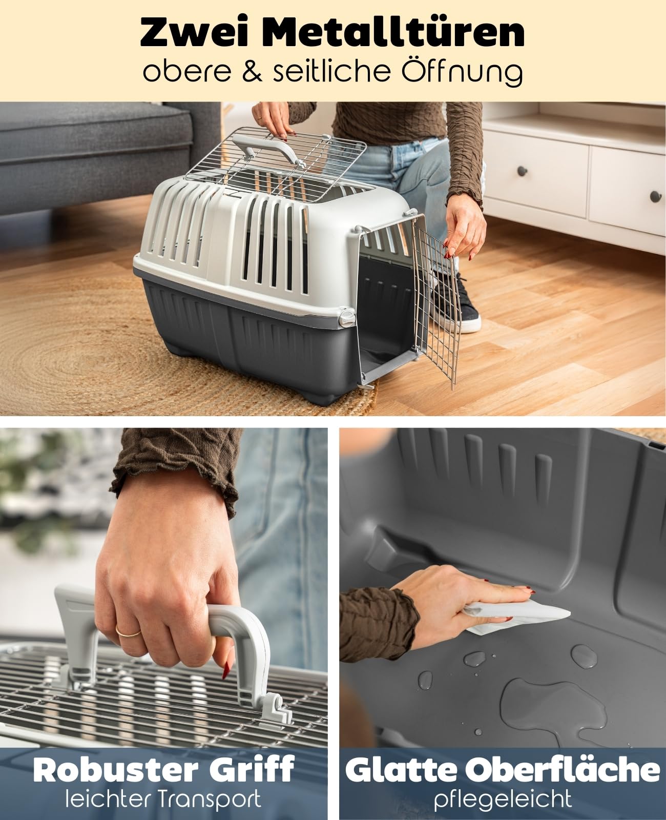 lionto Hundetransportbox aus Kunststoff mit Metallgitter, 58,5x35,5x40 cm, Transportbox mit praktischem Schließsystem & Tragegriff, auch geeignet für Katzen & Kleintiere, für Haustiere bis 15kg, grau