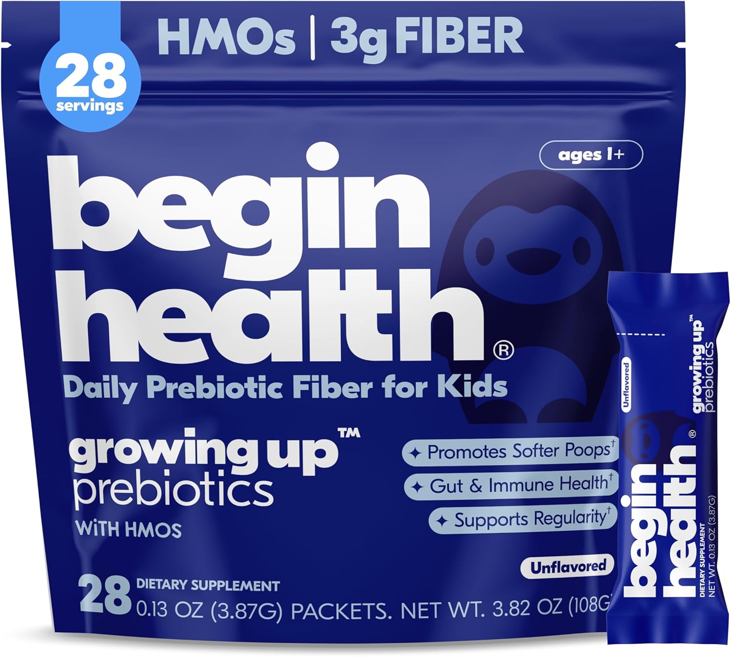 Begin Health Growing Up Prebiotics for Kids 28-Packs | Prebiotic Soluble Powder Stool Softeners and Digestive Gut Health Supplement | Ideal to Mix with Kids Daily Beverages and Soft Foods - Unflavored