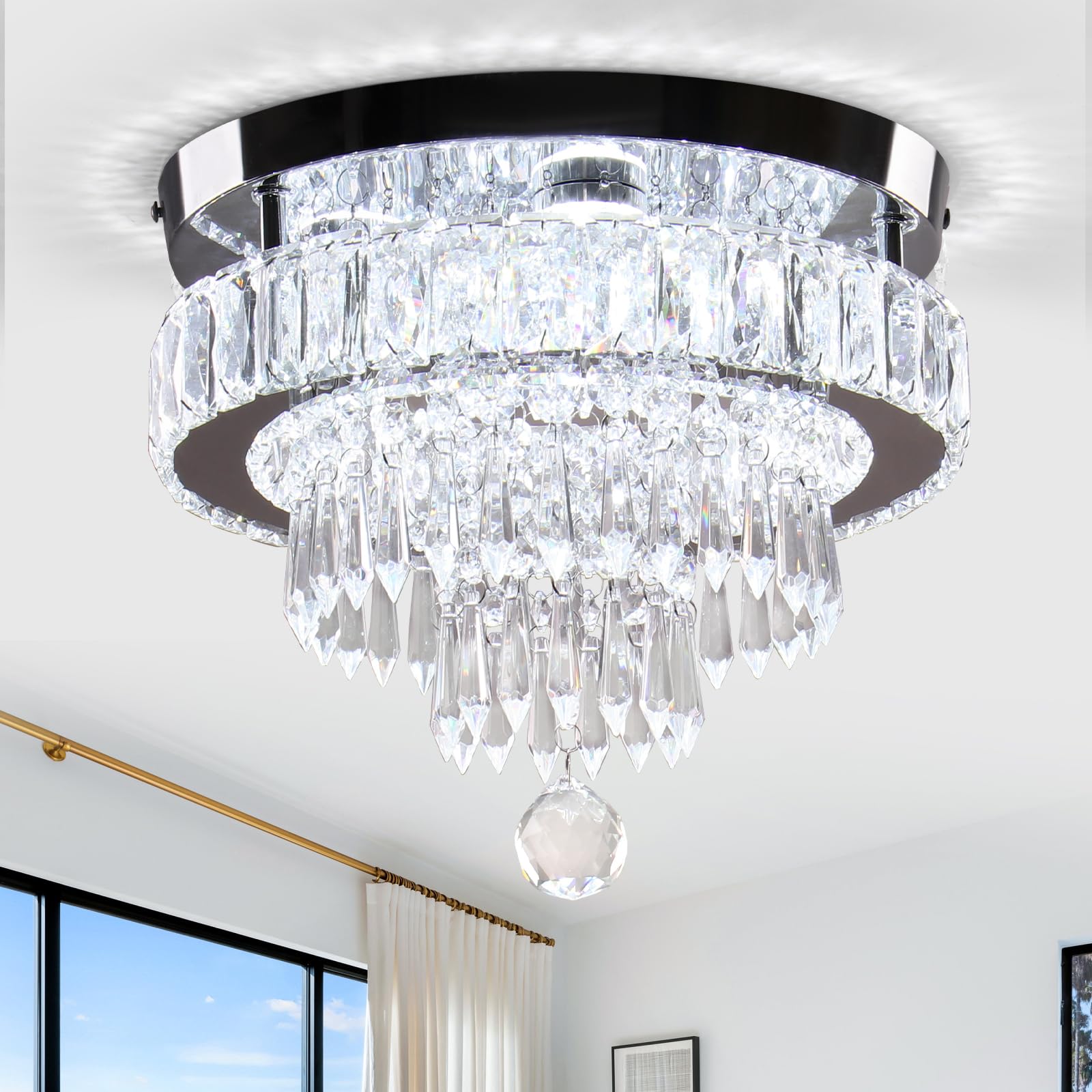 LEONTYNE 11.8 inch Crystal Chandeliers Modern Crystal Ceiling Light LED Chandeliers Semi Flush Mount Chandelier Light for Bedrooms Dining Living Room Hallway (Cool White)