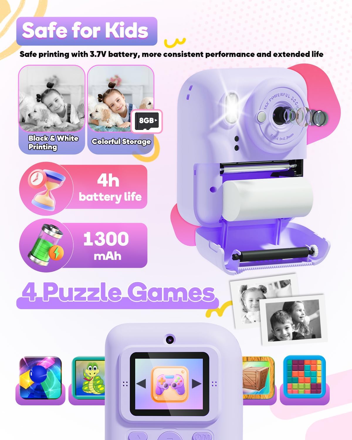 Ziegoal Kids Instant Print Camera features including 4-hour battery life, 1300mAh battery, 8GB storage, and built-in puzzle games.
