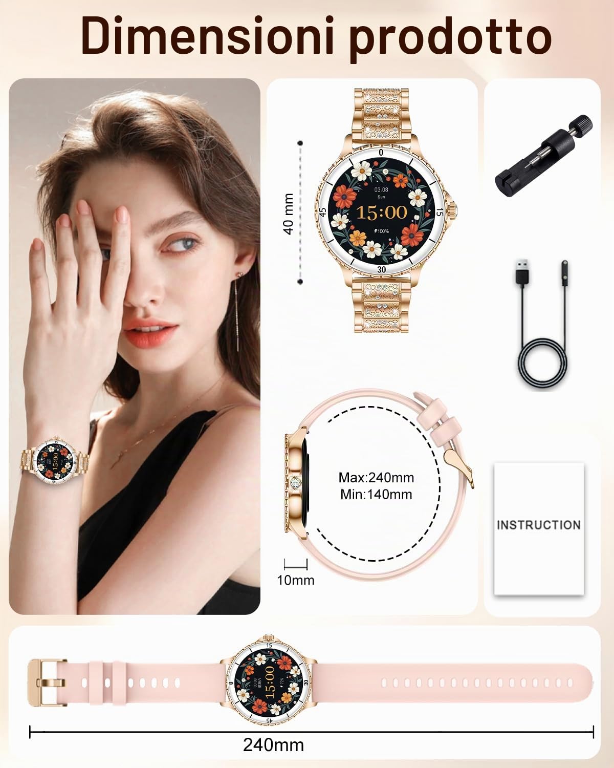 Smartwatch Donna Chiamate Bluetooth, 1.27" Orologio SmartWatch Rotondo con Cinturino di Diamante, Compatibile Android/iOS, IP68 Impermeabile Fitness Trackert con 120+ Sportive, Sonno, SpO2, Oro Rosa