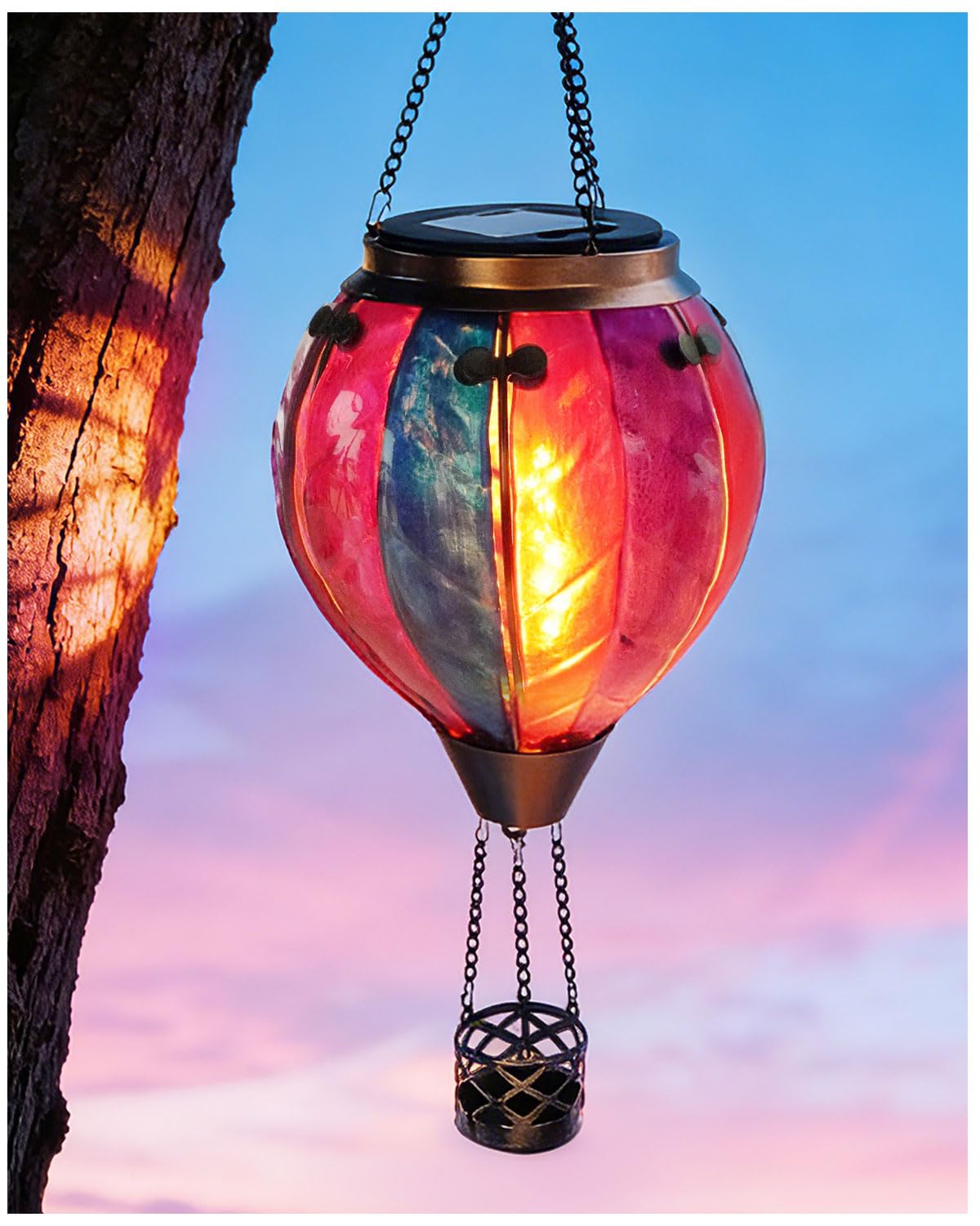 Klarlight 45CM Hot Air Balloon Solar Lantern, Outdoor Hanging Light Realistic LED Flame Effect Auto On/Off, Waterproof IP44, Colorful Lavender Stained Glass for Patio, Garden, Yard, Pathway Decoration