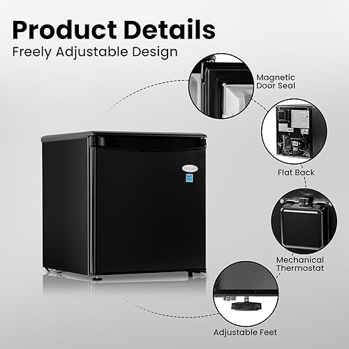 Miniatura 3 de ROOMWELL E-Star 1.7 pies cúbicos Minirefrigerador compacto para oficina, pequeño refrigerador negro sin congelador con descongelación automática y