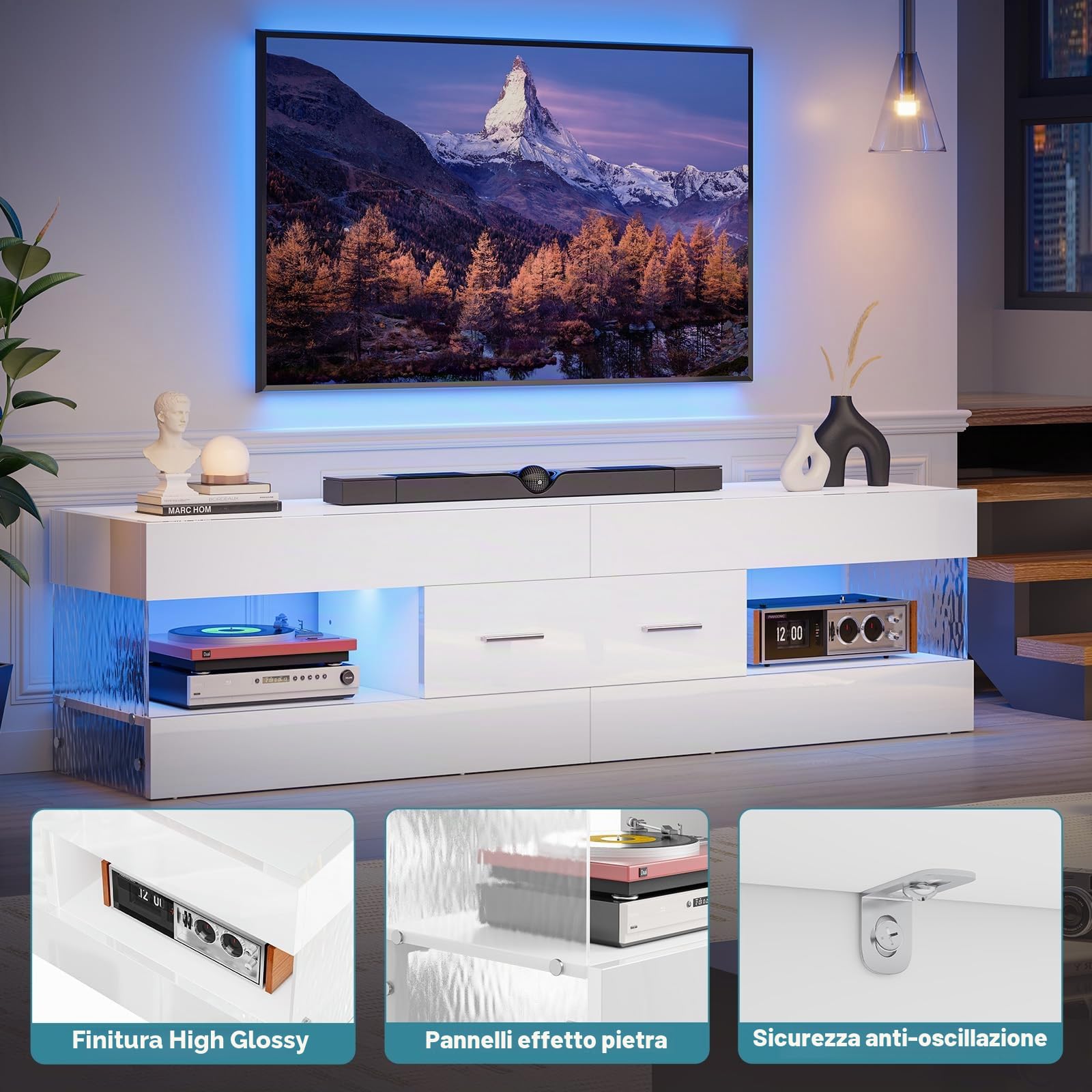 Bestier Mobile TV per TV da 65 pollici,moderno mobile TV laccato lucido,centro di intrattenimento a LED con ampio cassetto,consolle TV per soggiorno e camera da letto(bianco)