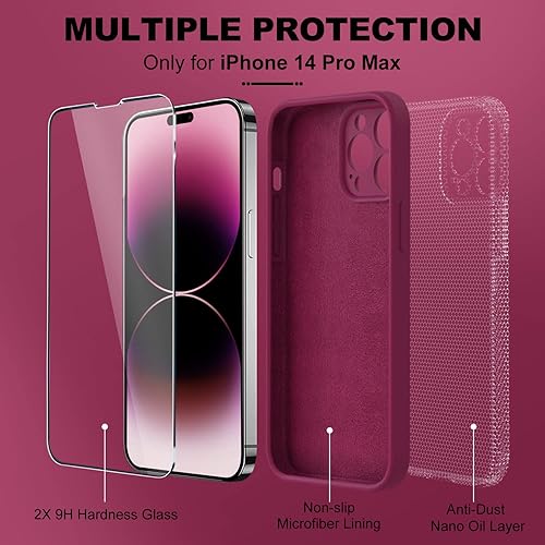 Miniatura 422 de BossKiss Funda compatible con iPhone 14 Pro, silicona mejorada [protección de cámara] [2 protectores de pantalla 9H], forro interior de microfibra