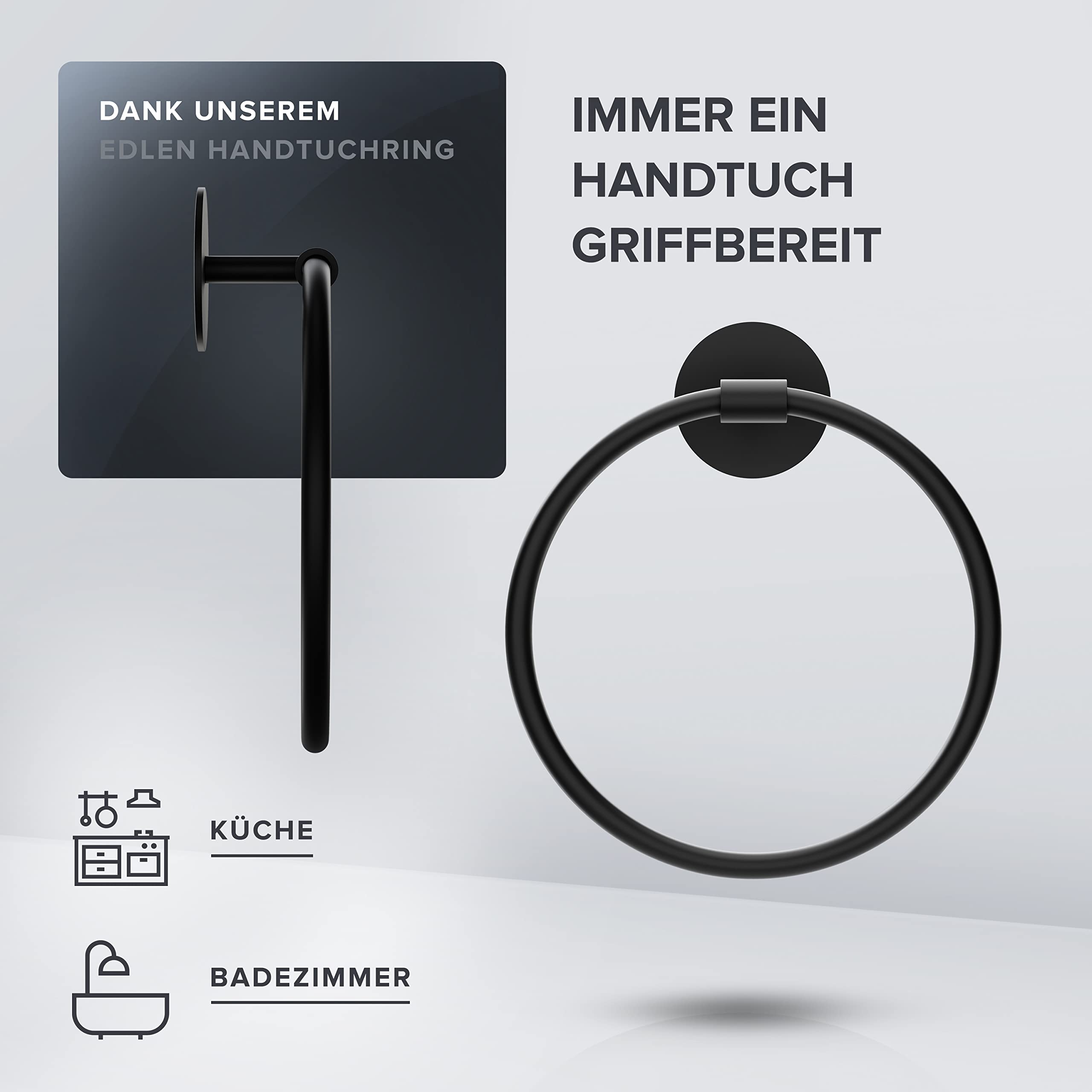 ovimar Handtuchring Halsnoy | rund | schwarz | ohne Bohren | Zeitloses Design | zum Kleben | Handtuchhalter für das Badezimmer
