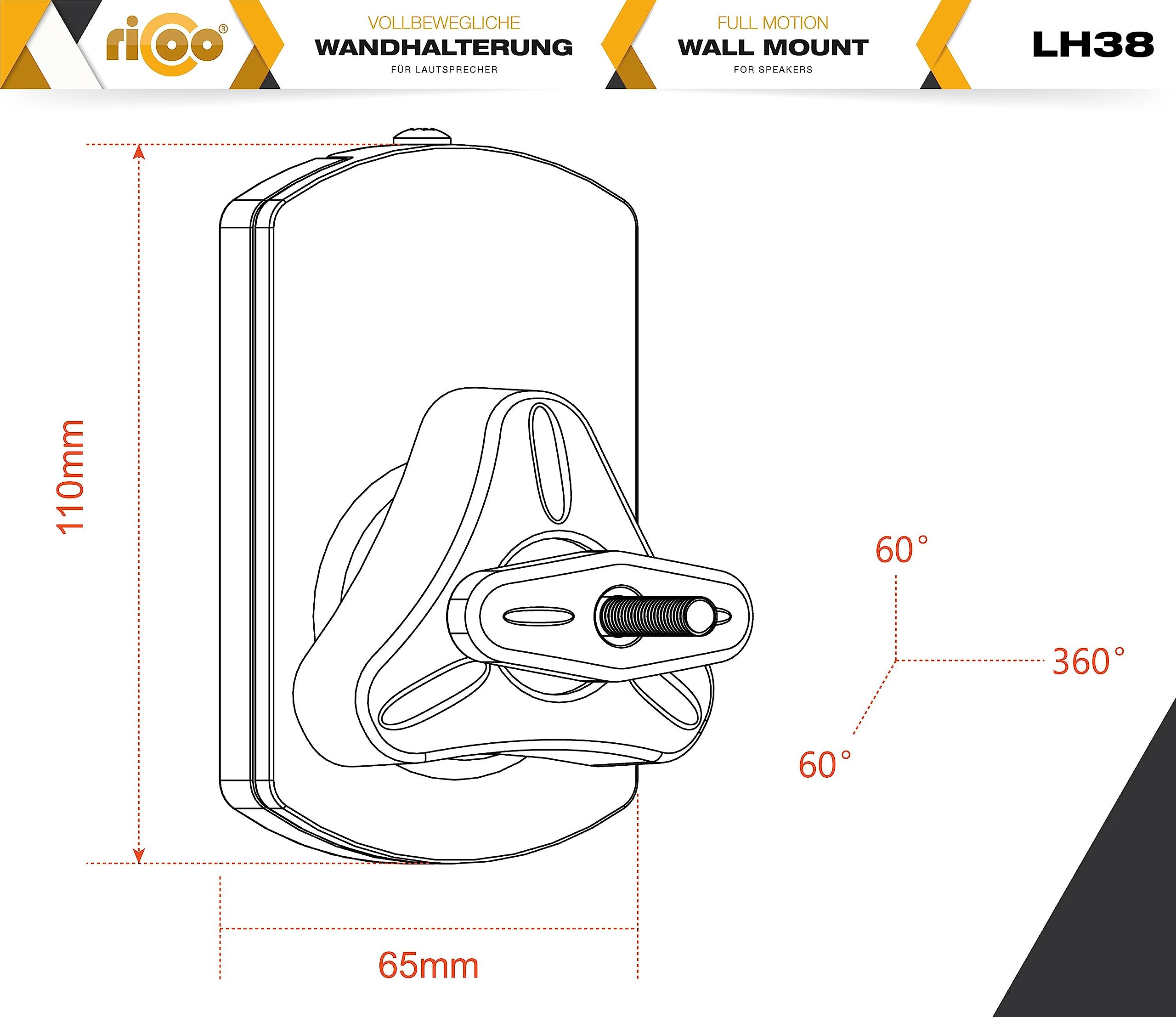 RICOO Support Haut-Parleur Mural Universel 110x65x91mm Inclinable et Orientable LH038-B Support Enceinte pour Home Cinema et THX Dolby Atmos Lot de 4, Noir.