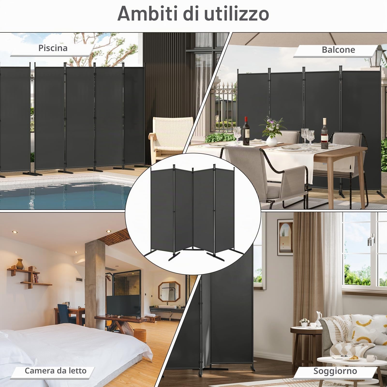 WOLTU Paravento da Interno e da Esterno, Divisorio per Ambienti Pieghevole con 4 Pezzi, Parete Divisoria in Tessuto Poliestere, Protezione Privacy, 223x177cm, Grigio Scuro