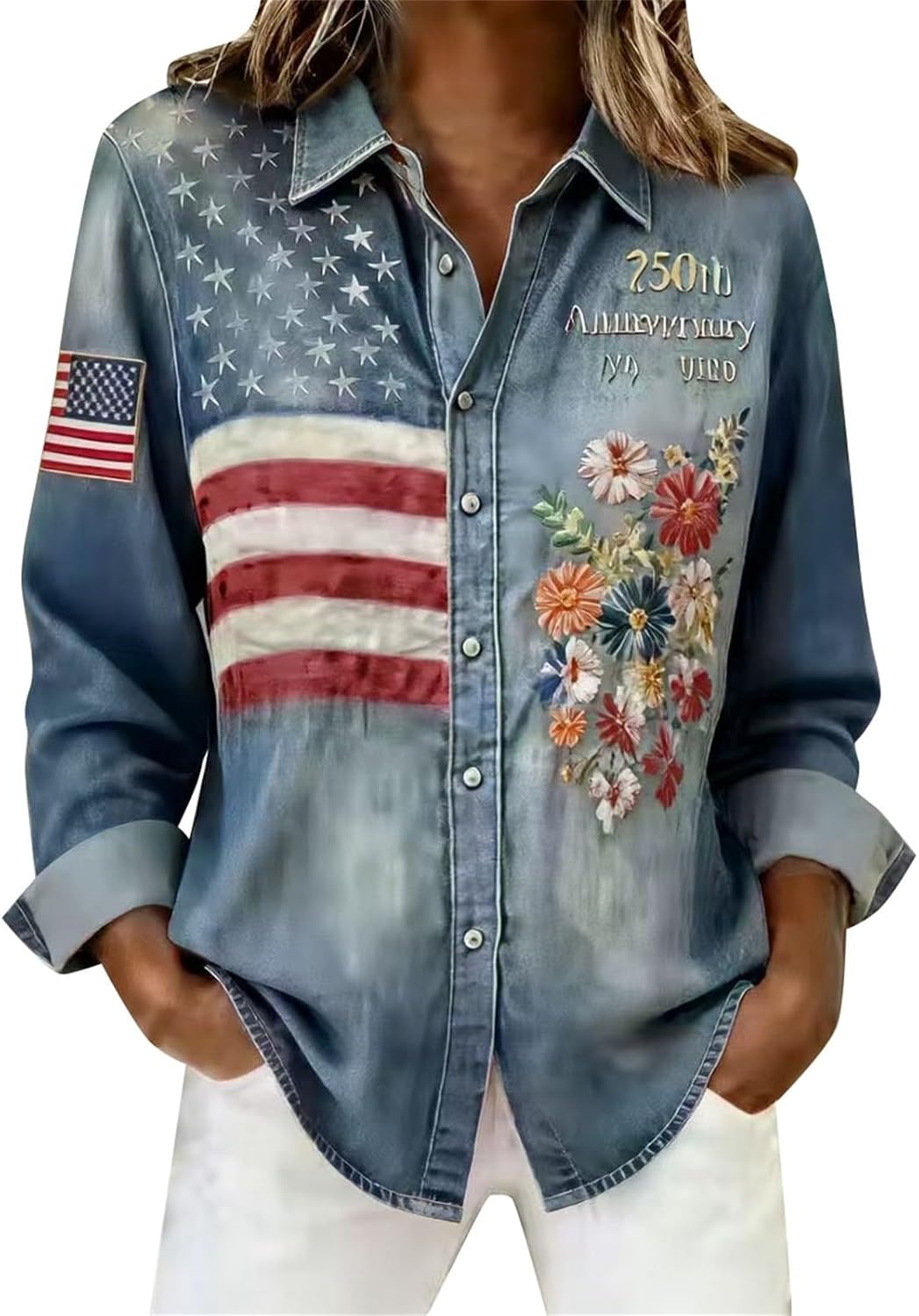 Womens 250th Anniversary USA Shirt Flower Printed Casual...