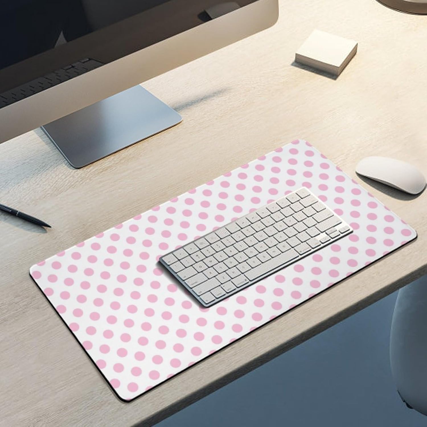 Desk Mat Large Mouse Pads, Polka Dots Pink Pastel White Desk Pad with Stitched Edges Writing Mat for Computer Laptop, Office Desktop & Gamer Keyboard 12 x 24inch