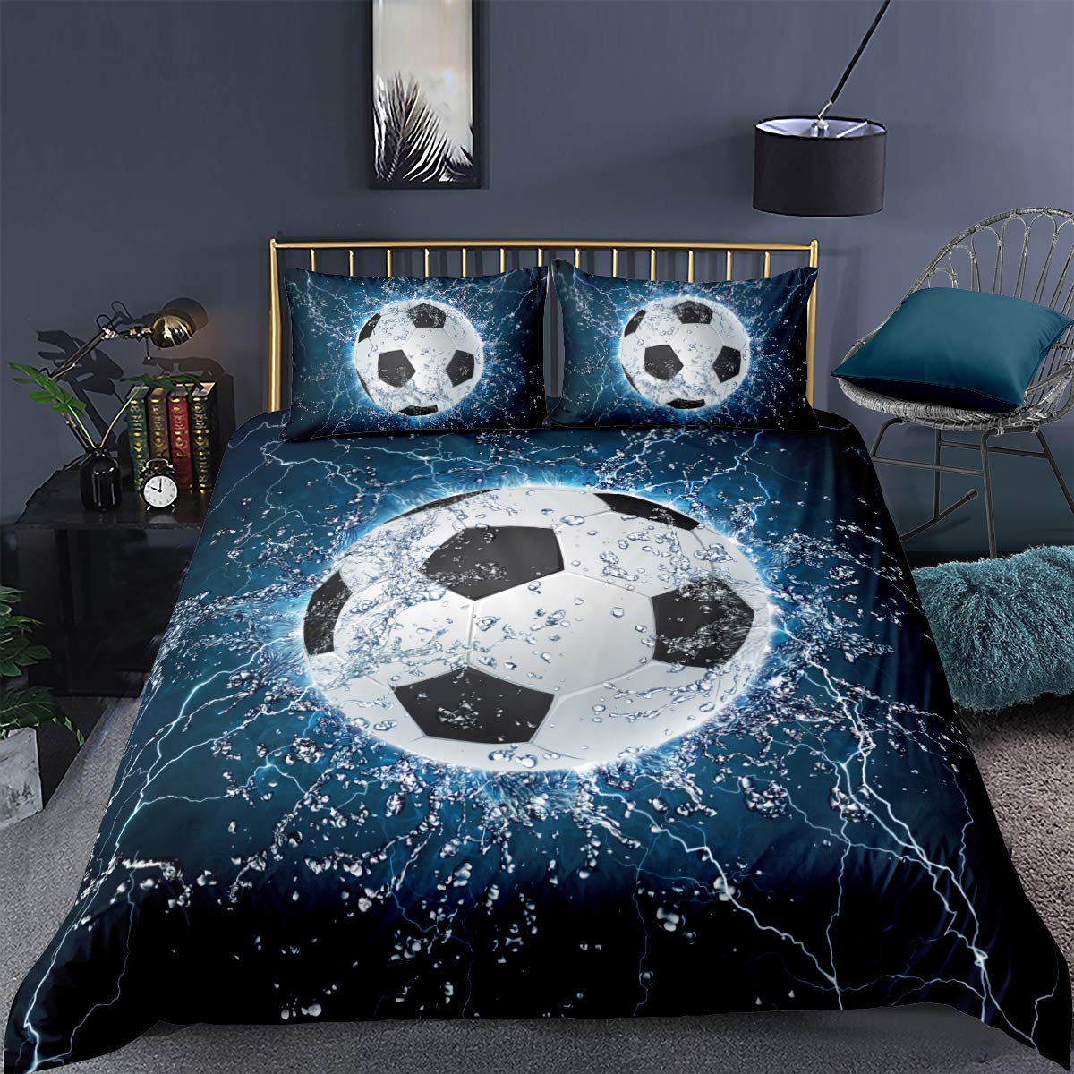 Set Copripiumino Una Singolo Piazza e Mezza Calcio Matrimoniale 3D, Biancheria da Letto in Microfibra con Cerniera, 1 Copripiumone + 1/2 Federa (C,229X229CM)