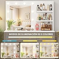 Vista 3 de Escritorio de tocador con espejo y luces y toma de corriente, escritorio de maquillaje con cajón y estantes de almacenamiento, 3 modos