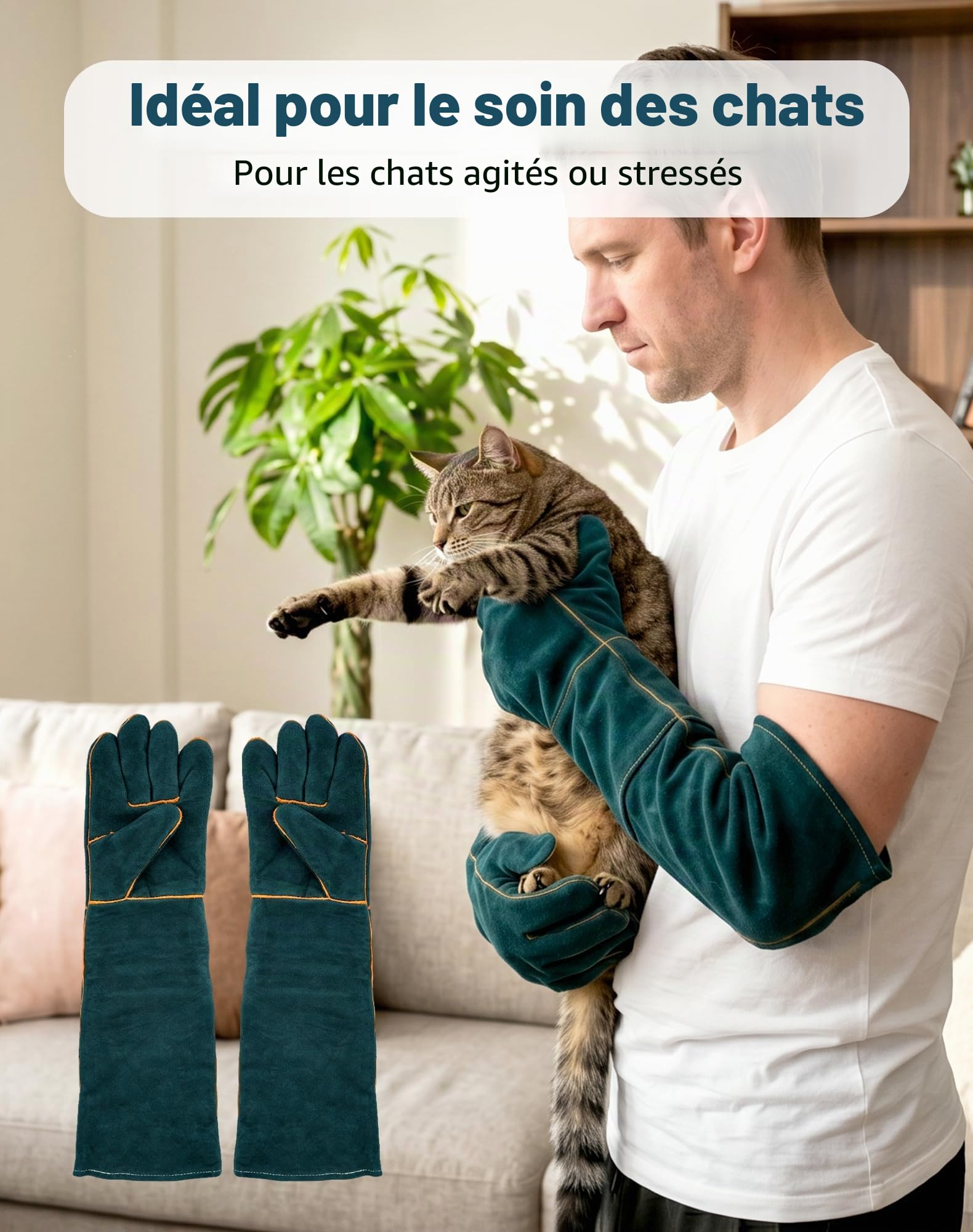 Gants Anti-Morsure 60 cm Pour Chat et Chien, Gants de Protection Anti-Griffures Avec Protection Complète des Bras, Gants Épais en Cuir Résistant Pour Manipulation de Chats, Chiens et Reptiles