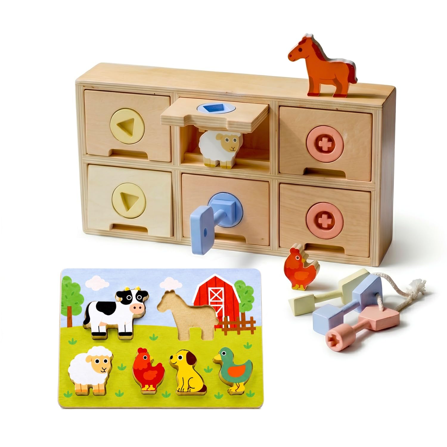 TurtleBee Montessori Juguetes para niños de 2 años que están en el granero, juguete de cerradura y llave de madera, centro de actividades 5 en 1 con rompecabezas grueso de granja (10 piezas), juguete