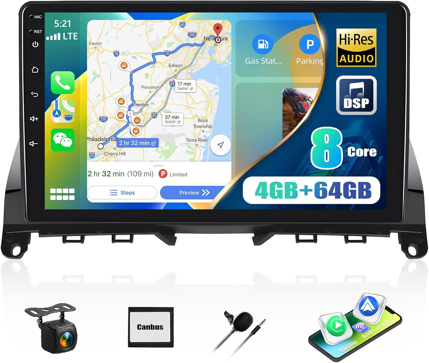 Qualcomm 8-Core 4G+64G Car Stereo for Mercedes Benz C Class C230 C300 C350 W204 2007-2011, CarPlay Android Auto, 9" Touch Screen Android 15 Car Radio with Hi-Res DSP GPS Bluetooth 5.1 Backup Camera
