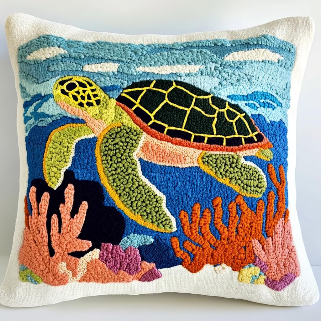 DIY Punch Needle Pillow Kit Green Sea Turtle and Corals with Pattern and Hoop Handmade Embroidery Punch Needle Starter Pillowcase Set for Home Sofa Decor 43x43cm-1-1