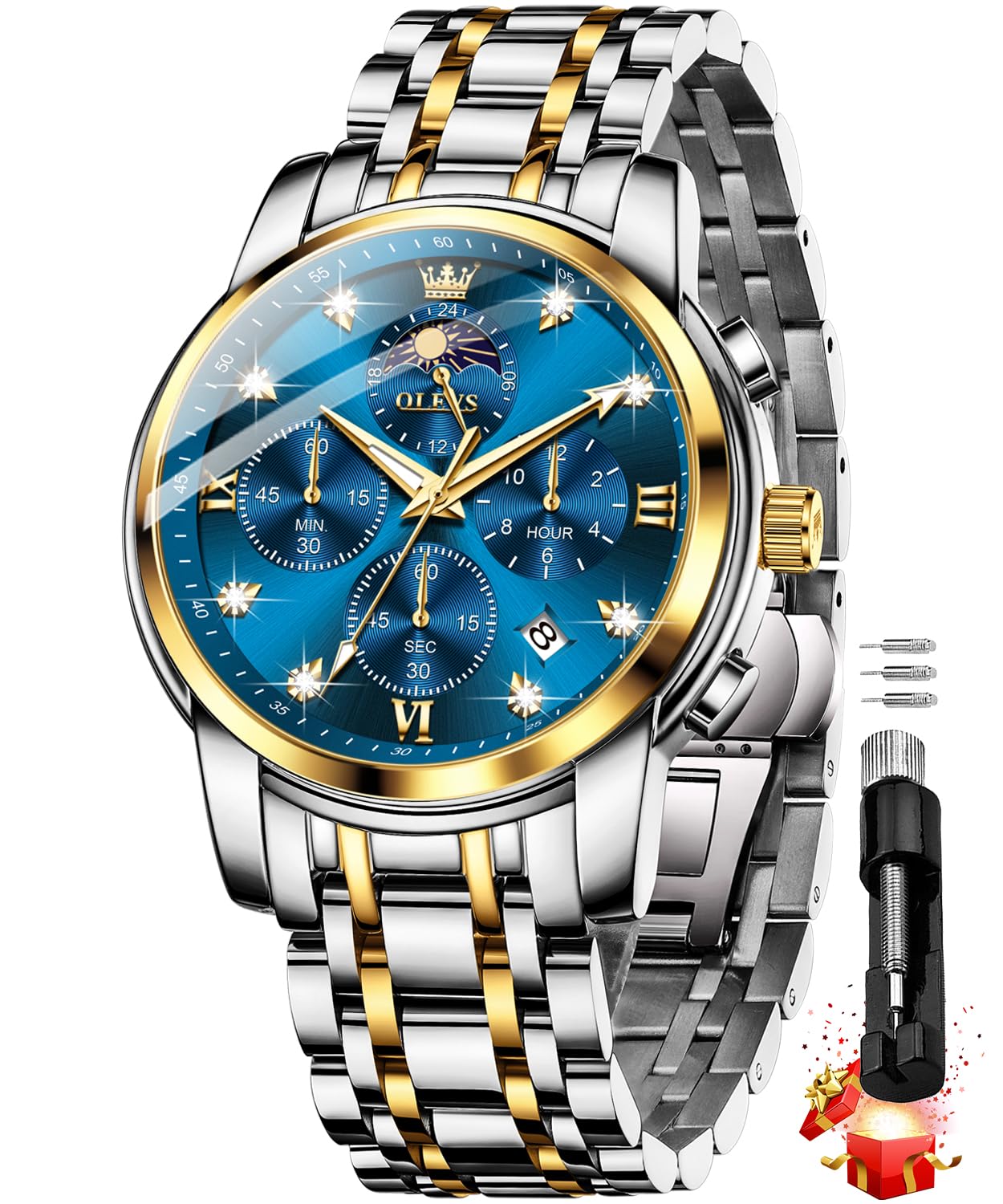OLEVS Chronograph Watches for Men Original Analog Quartz Black Stainless Steel Chain Luxury Dual Time Zone Moon Phase Date Waterproof Men's Wrist Watc...
