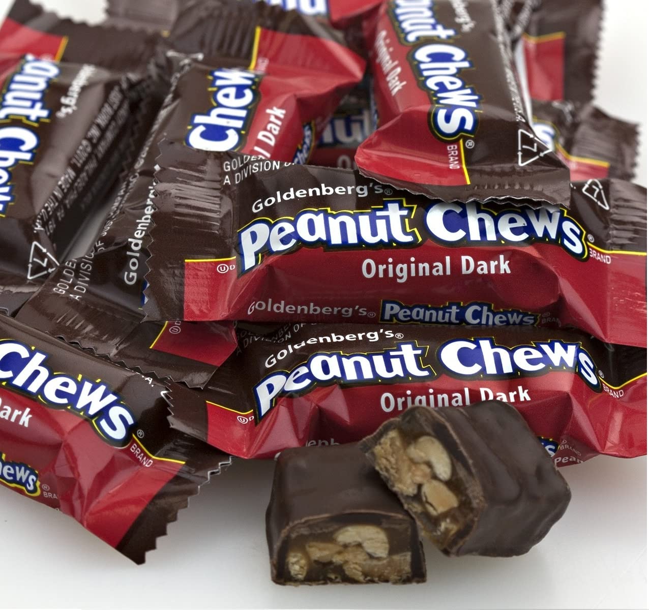 Goldenberg's Dark Chocolate Peanut Chews - Goldenberg's Milk Chocolatey Peanut Chews - Assorted Bulk Mini Candy Bars - Chewy Chocolate Bites Loaded With Crunchy Peanuts - Perfect For Holiday’s, Graduations, Celebrations, Gifts & More! (Original Dark, 2 Pounds)