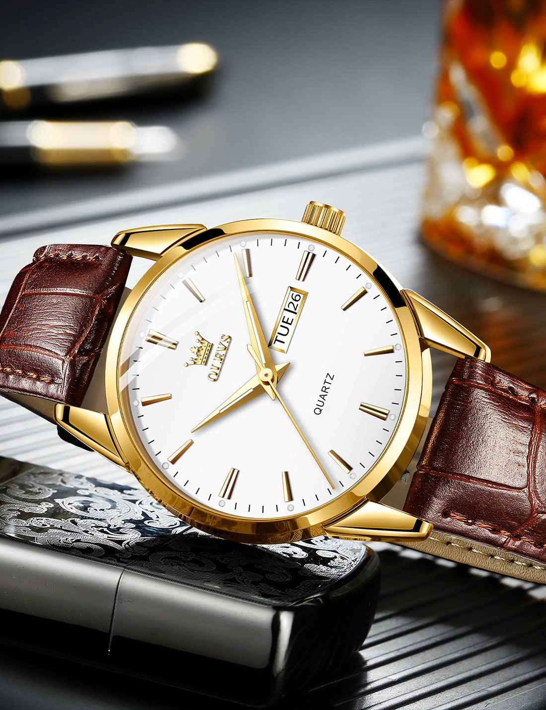 OLEVS Mens Watches, Casual Leather Watches for Men Easy to Read Quartz Number Watch with Date Waterproof Blue/Black/Silver Face Men's Wrist Watches…