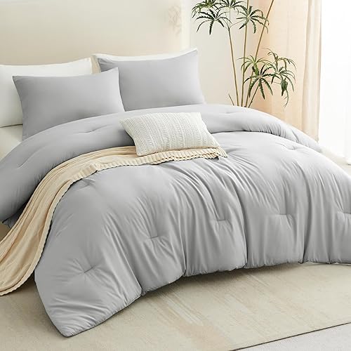 Miniatura 9 de CozyLux - Juego de edredón de 3 piezas en color gris claro, tamaño queen, acolchado, transpirable, suave con edredón de relleno alternativo, para