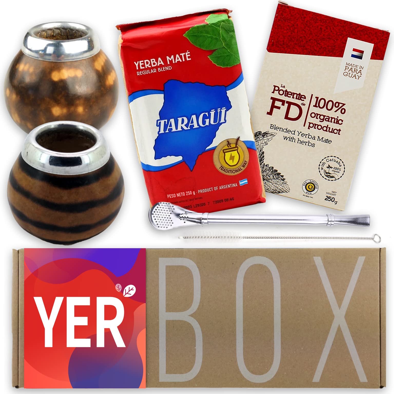 Yerba Mate Set Yerbox: Fede Rico Potente mit Kräutern 250g + Taragui Traditional 250g | Mate Becher Kürbis (Leoparden und Tigerfarbe) - 2x Kalebasse | 2x Edelstahl Bombilla | Reinigungsbürste