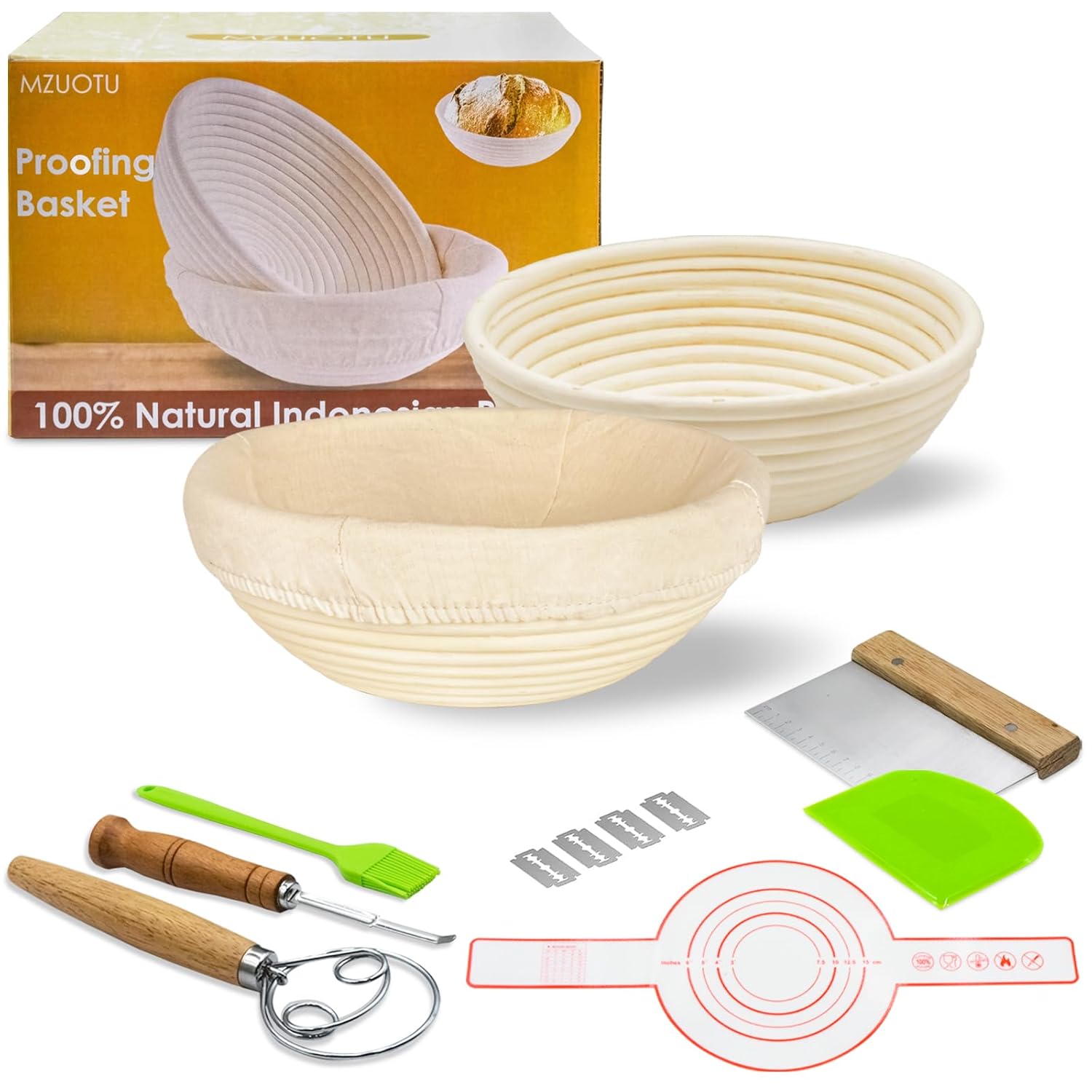 Conjunto de cesta de impermeabilização de massa fermentada: cesta de pão Banneton com 15 peças de suprimentos de cozimento – kit inicial de massa fermentada com pote e balança…