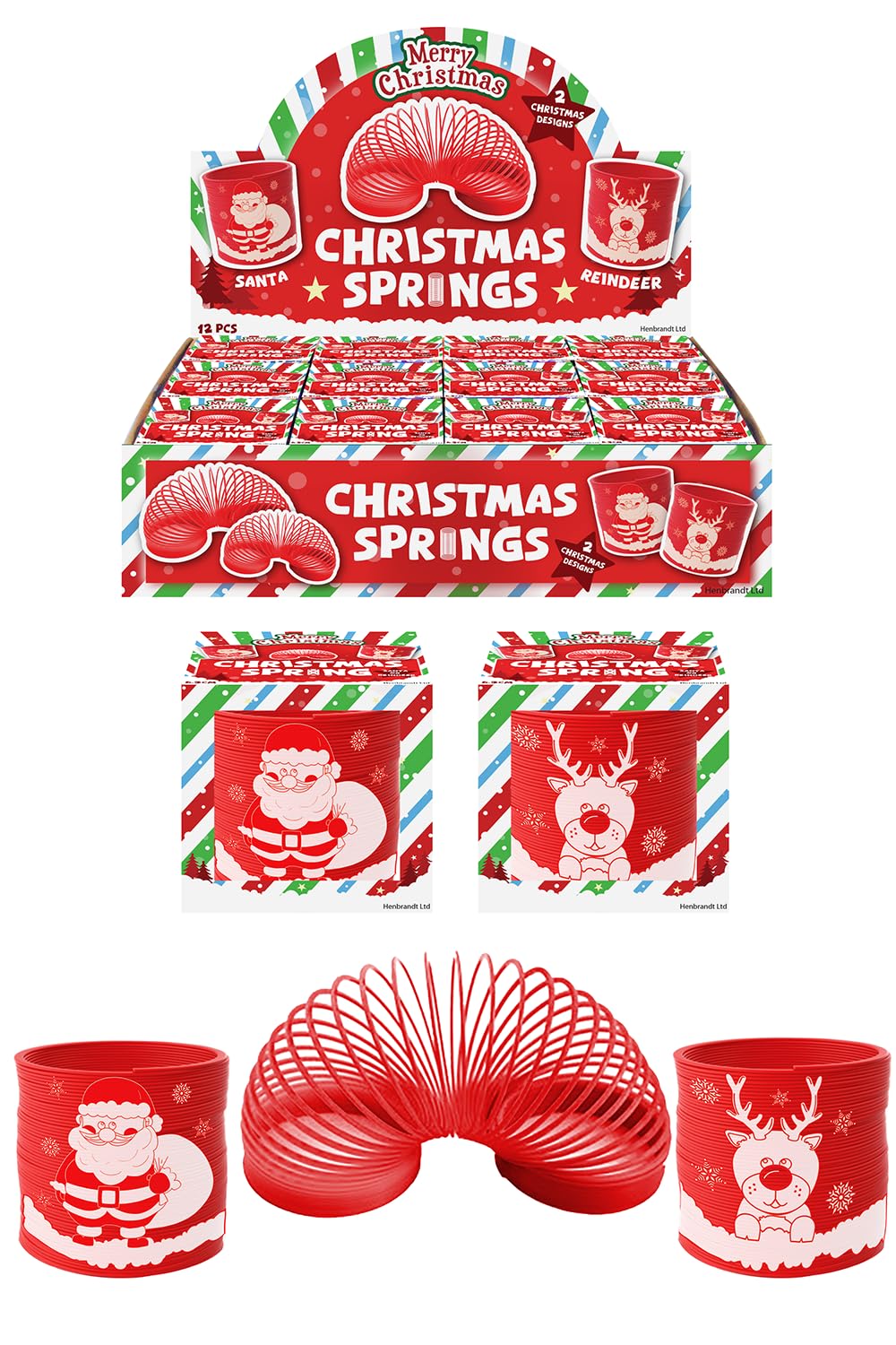 HENBRANDT Single Christmas Red Spring Toy for Kids 6.5cm Boxed Magic Spring Toys 2 Assorted Designs Santa/Reindeer Xmas Party Bag Favours Stocking Fillers Lucky Dip Rewards for Boys and Girls