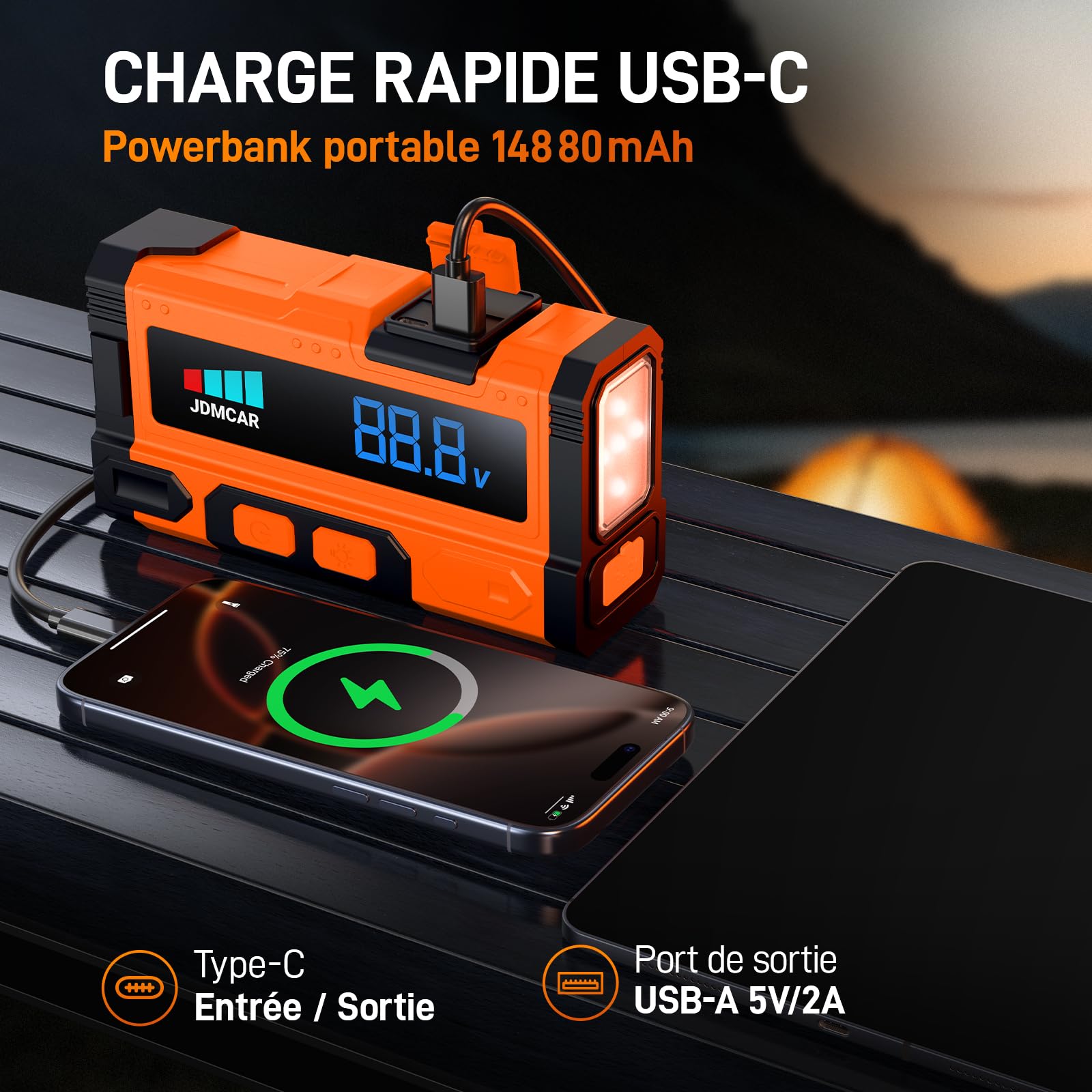 JDMCAR Booster Batterie Voiture 5000A, 12V Démarreur Batterie Voiture (jusqu'à 9.0L Diesel/8.5L Essence), Jump Starter avec LED, Booster Pinces Intelligentes, Protections Multiples Auto Moto SUV A