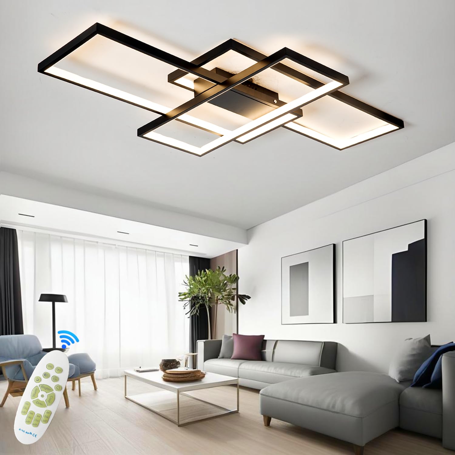 LED Deckenleuchte Modern Design Deckenlampe Wohnzimmer, 65W Dimmbar WohnzimmerLampe Decke Mit Fernbedienung, Rechteckig Deckenleuchte Schwarz Für Schlafzimmer Küche Wohnzimmer Beleuchtung, 80cm