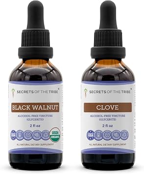 أسرار القبيلة مستخلص سائل من الجوز الأسود والقرنفل 2x2 أونصة | Juglans Nigra Dried Hull وSyzygium Aromaticum براعم الزهور المجففة