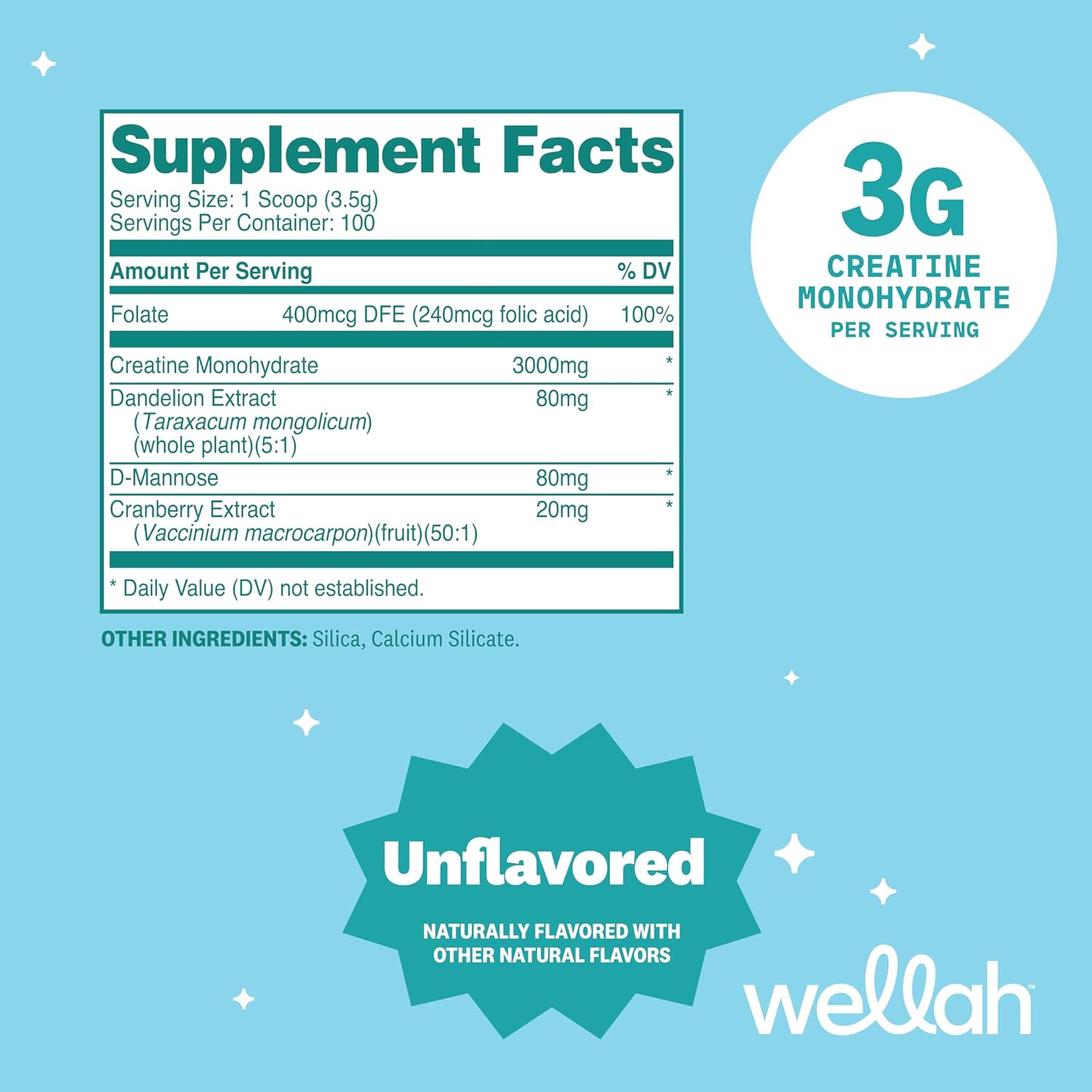 Wellah Creatine for Women - Creatine Monohydrate with Dandelion & Cranberry Extract (100 Servings, Unflavored)