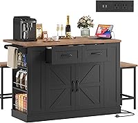 Vista 1 de Keyluv Isla de almacenamiento de cocina con 2 taburetes, carrito de cocina móvil de 51 pulgadas con hoja de caída y toma de corriente, mesa de isla