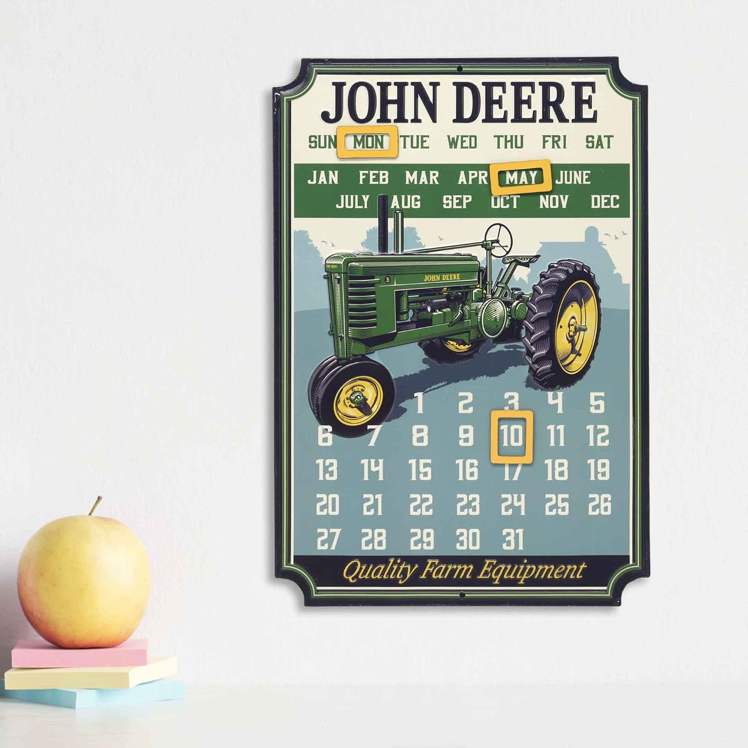 John Deere Calendar - Vintage Embossed Metal John Deere Sign with Magnets for Office, Kitchen or Man Cave Green