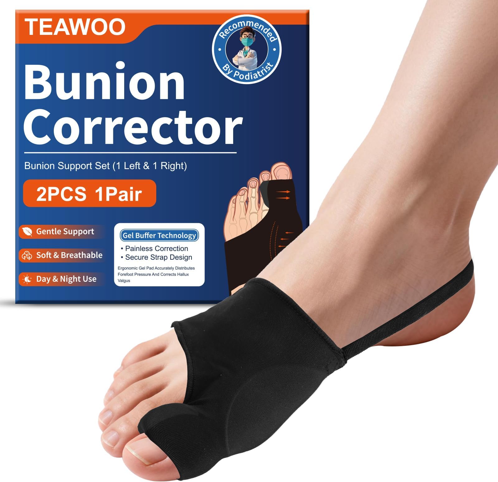 TEAWOO 2Pcs Bunion Corrector for Women & Men, Comfortable Big Toe Straightener with Pads & Splint, Hallux Valgus Pain Relief for Day & Night Support with Anti-slip Strap(1 Pair, Black)