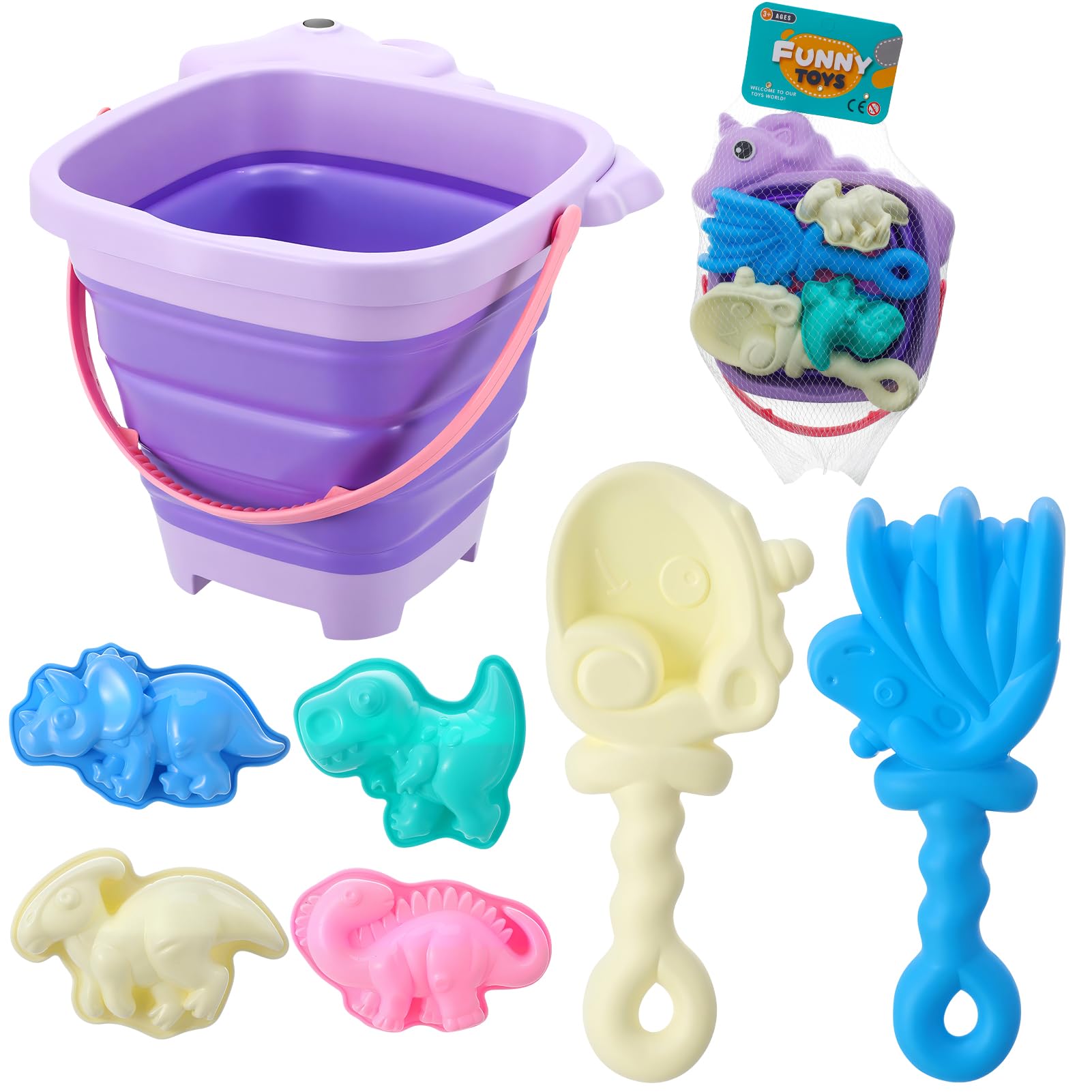 7 Pcs Pool Toys Collapsible Bucket and Spade Set Kids Beach Toys With Animals Molds and Sand Shovels Mesh Bag For Kids Sand Pool Party