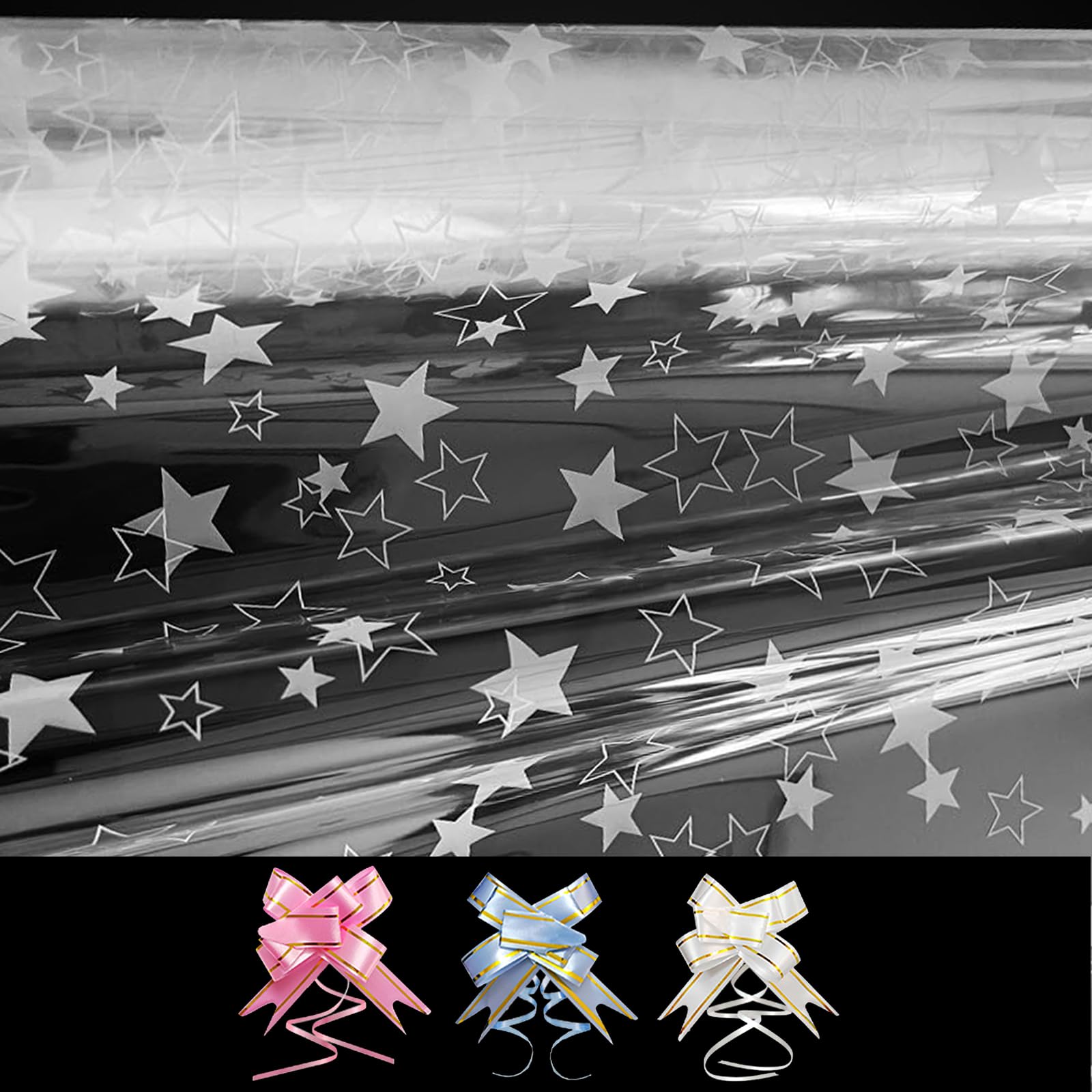 Cellophane Wrap Roll, PYGHAP Clear Cellophane Wrap for Hampers with Pull Bows, Ribbons & Scissor, for Christmas, Easter, Birthday Gift, Valentine's Day Flowers, 40CM x 30M (White Stars) — image 1