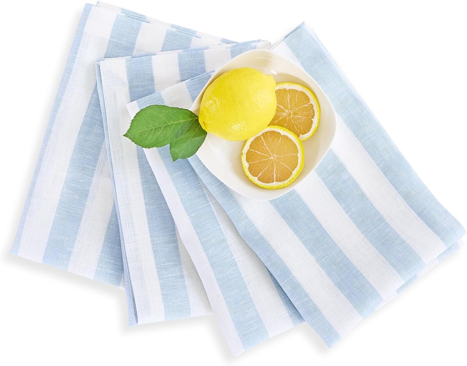Solino Home Linen Napkins Set of 4-100% Pure Linen Sorrento Stripe Blue and White Cloth Dinner Napkins 20 x 20 Inch for Winter, Spring, Easter - Handcrafted and Machine Washable