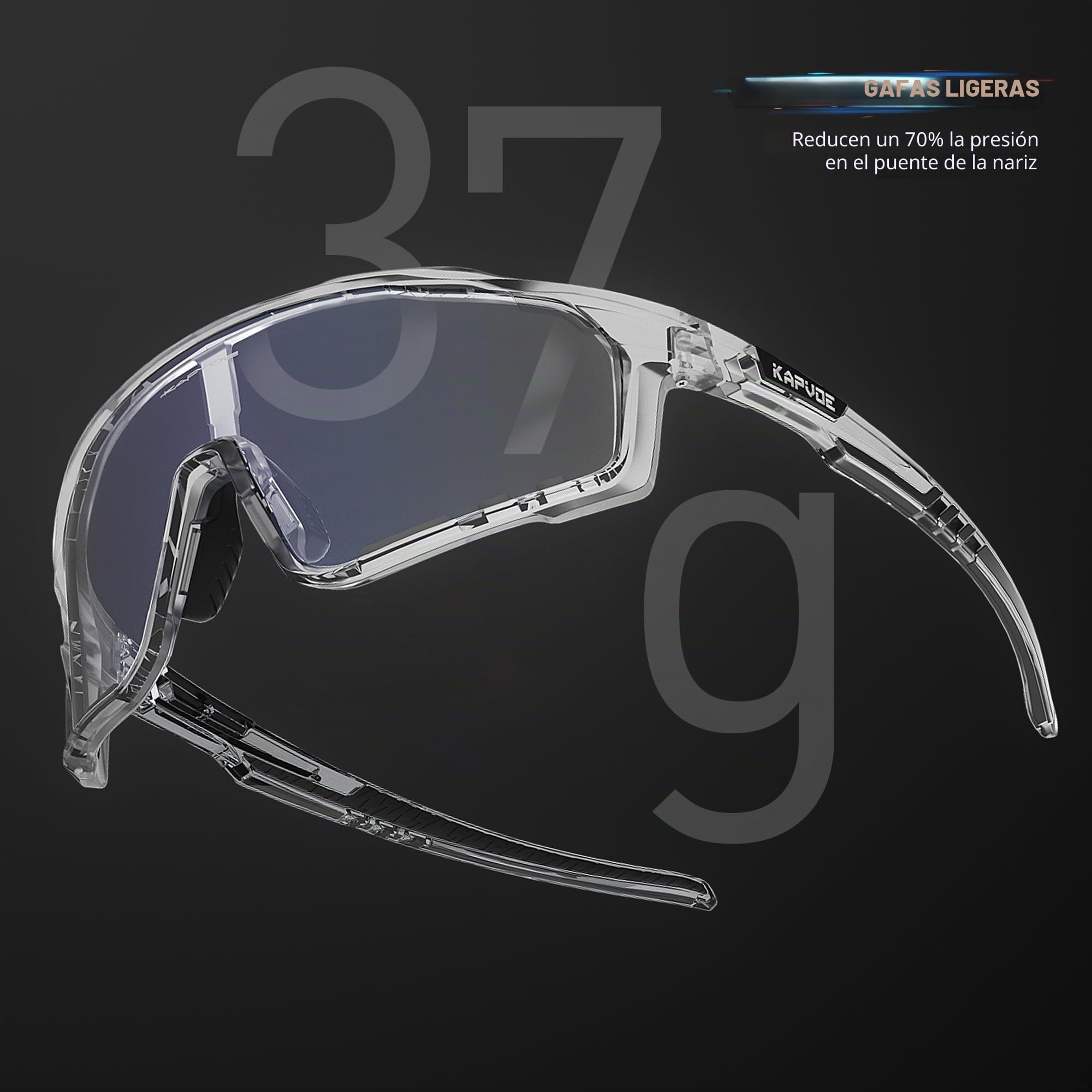 KAPVOE Gafas Ciclismo Fotocromáticas Lente y Montura UV400 Color Azul K76 | Lente & montura fotocromáticas, lente transparente a azul CAT.1-CAT.2, UV400, almohadilla regulable