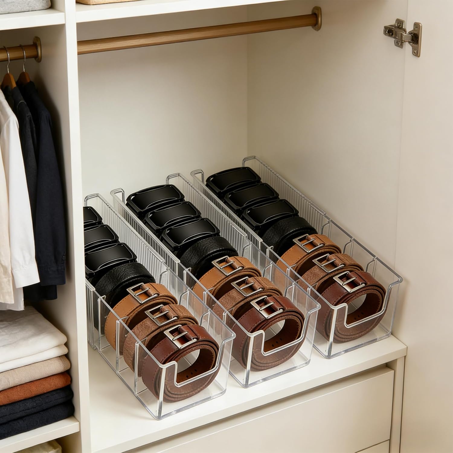 3 Pack Acrylic Belt Organizer, Extendable Belt Holder for Closet, Belt Box with Adjustable Dividers, Clear